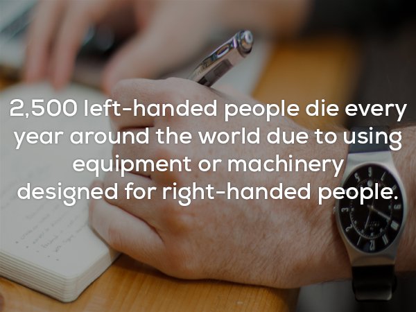 creep facts - 2,500 lefthanded people die every year around the world due to using equipment or machinery designed for righthanded people.