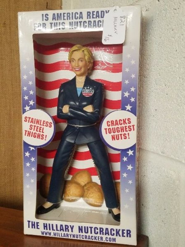 Thrift shop find of the centrury, a Hilary Clinton nutcracker with stainless steel thighs.