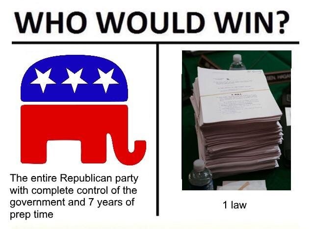 Political meme questioning who would win, entire GOP with complete control of the government and 7 years of prep time, or 1 law.