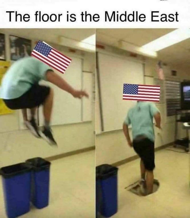 Meme of USA jumping over trash and into the floor, which is the Middle East.