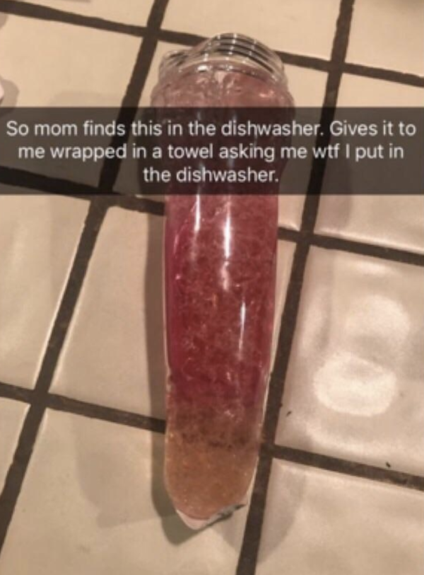 Snapchat of what appears to be an adult toy that her daughter put in the dishwasher.