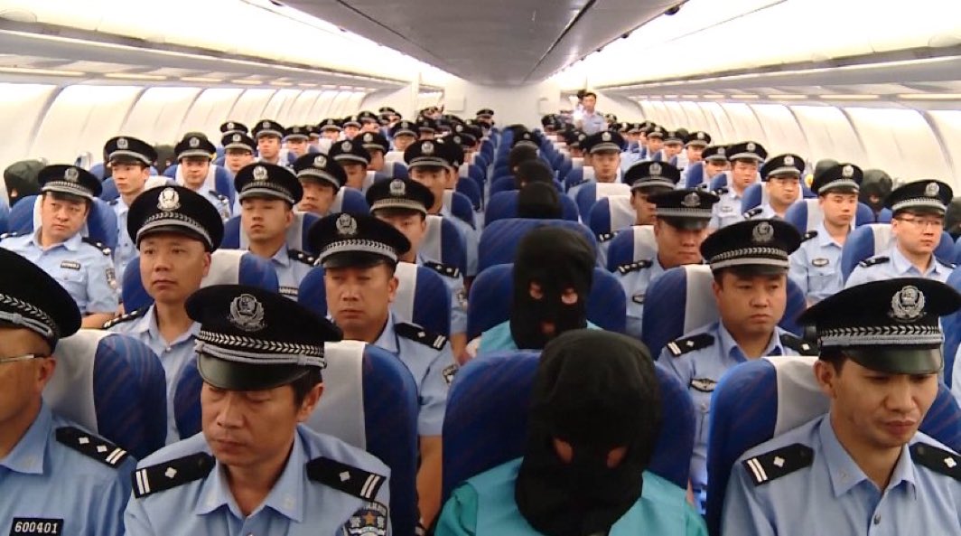 77 Suspects Escorted By Police On An 11hr Flight From Fiji to China.

Seventy-seven people, said to be suspects in a massive online fraud syndicate, have been rounded up in Fiji and flown to China.
Chinese state media said the suspects were part of an online gambling gang that operated from China, Indonesia and Fiji.