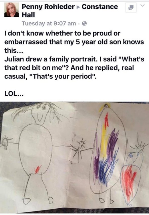 organ - Penny Rohleder Constance Hall Tuesday at I don't know whether to be proud or embarrassed that my 5 year old son knows this... Julian drew a family portrait. I said "What's that red bit on me"? And he replied, real casual, "That's your period". Lol