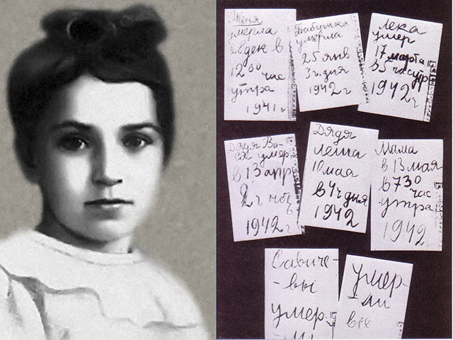 Tanya Savicheva a young girl trapped in the Seige of Leningrad. She kept a diary of the names of each family member that died, ending with a final entry for herself: “The Savichevas are dead Everyone is dead Only Tanya is left”

Zhenya died on December 28th at 12 noon, 1941
Grandma died on the 25th of January at 3 o’clock, 1942
Leka died March 17th, 1942, at 5 o’clock in the morning, 1942
Uncle Vasya died on April 13th at 2 o’clock in the morning, 1942
Uncle Lesha May 10th, at 4 o’clock in the afternoon, 1942
Mama on May 13th at 7:30 in the morning, 1942
The Savichevas are dead
Everyone is dead
Only Tanya is left