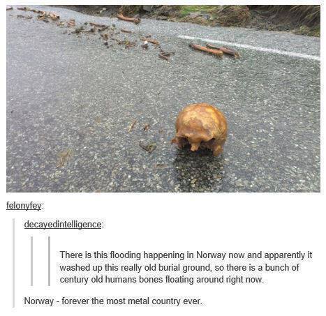 tumblr - graves flood - felonyfey decayedintelligence There is this flooding happening in Norway now and apparently it washed up this really old burial ground, so there is a bunch of century old humans bones floating around right now. Norway forever the m