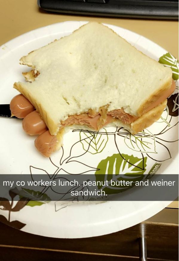 weiner sandwich - my co workers lunch. peanut butter and weiner sandwich.