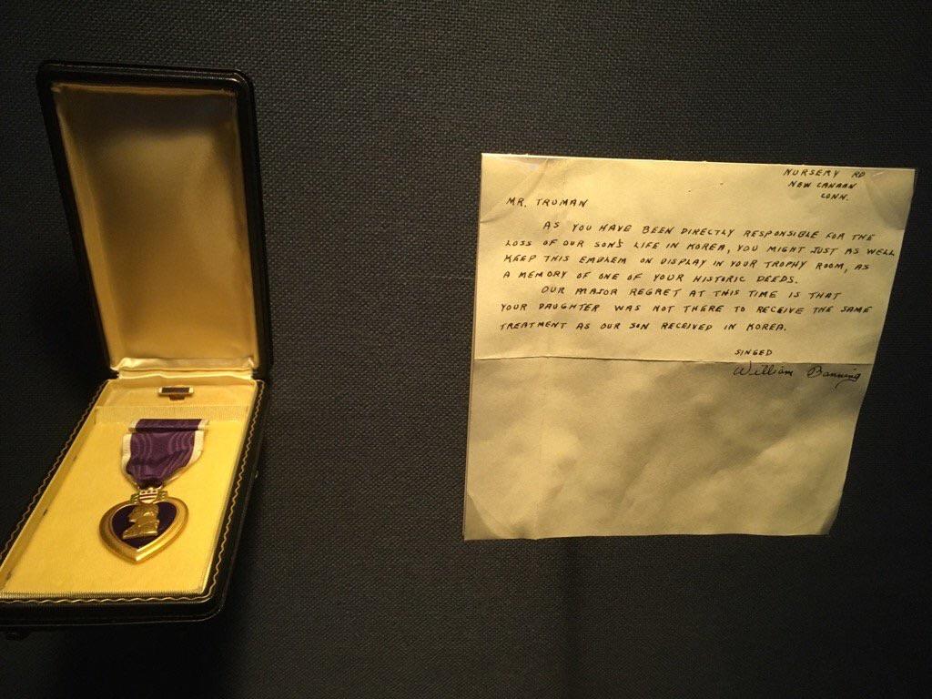 When Harry Truman died in 1972, this Purple Heart and letter (written by the parents of a solider killed in the Korean War) were found in his desk drawer.