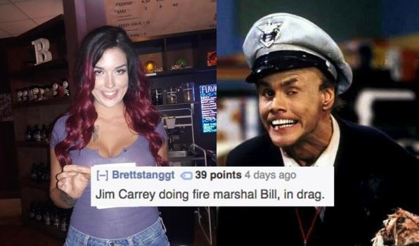 woman gets roasted that shee looks like Jim Carrey doing fire marshal Bill in full drag.