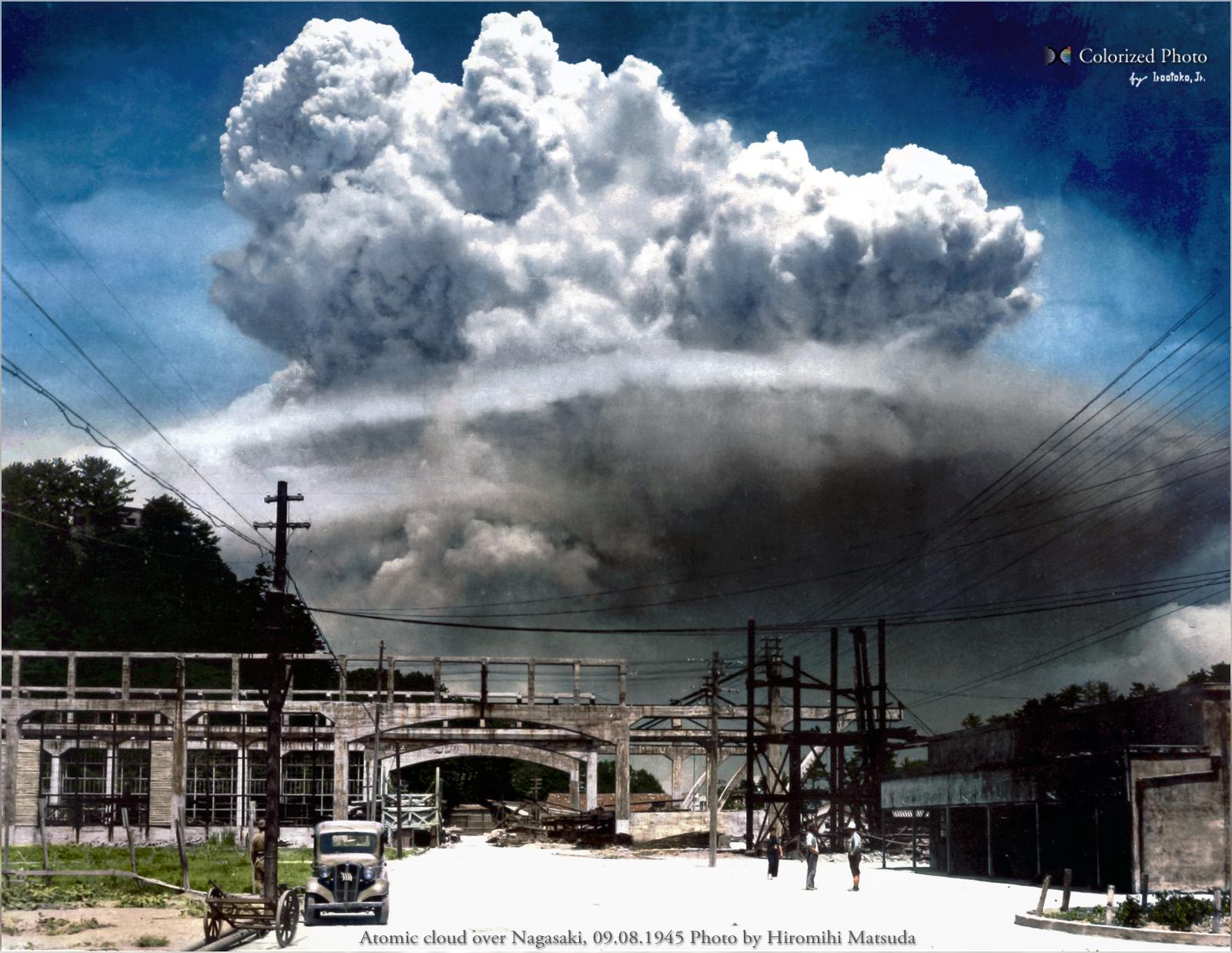 Atomic cloud over Nagasaki, Sept 8,1945, taken 15+ minutes after the explosion, seen from a distance of 15 km. Photo by Hiromihi Matsuda
