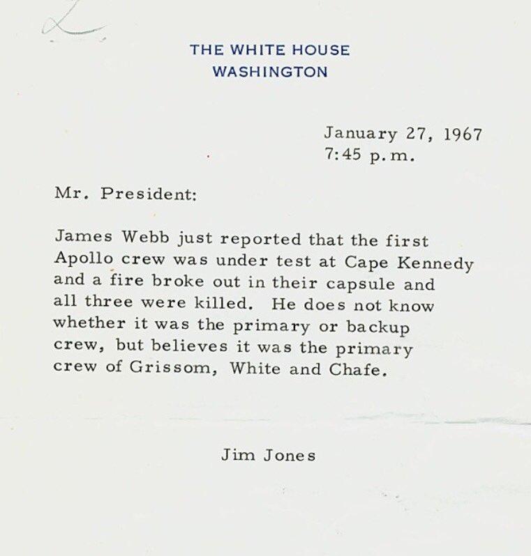 Note handed to President Johnson about fatal Apollo 1 fire