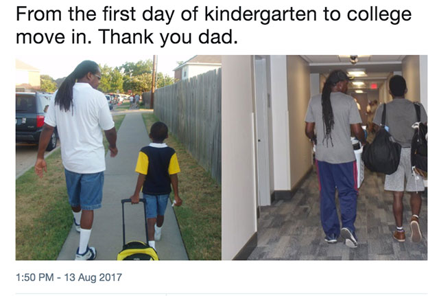 Kid on his first day of kindergarten and on first day of college.
