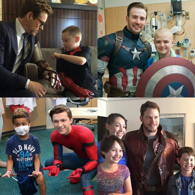 Avengers in full outfits playing with kids in the hospital