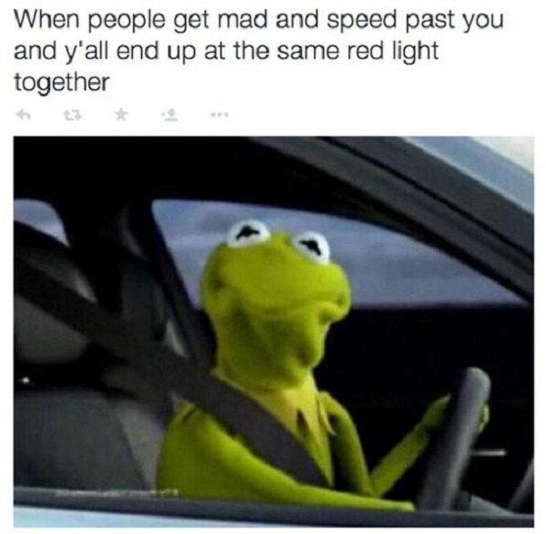 Kermit the Frog meme about when people speed past you and y'all end up at the same light.