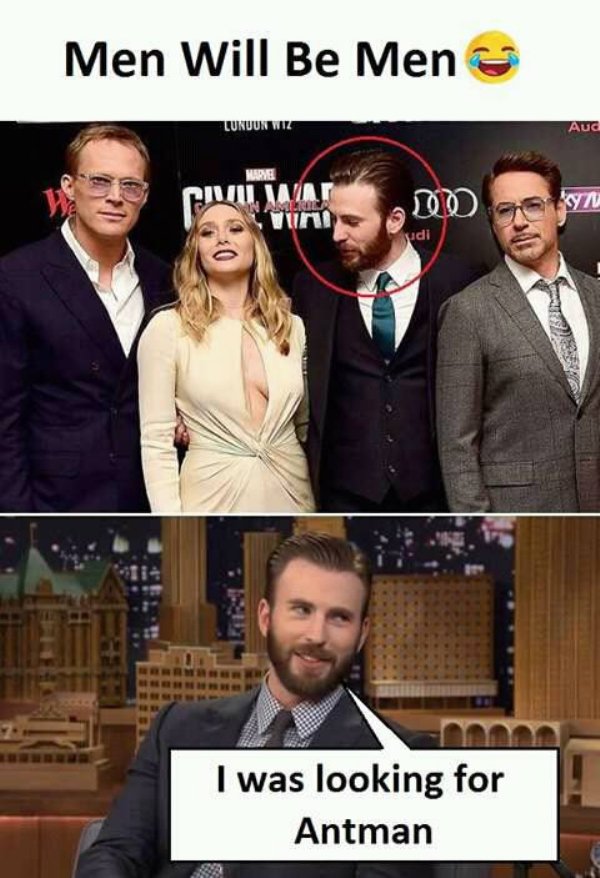 Chris Evans staring down the cleavage of co-star and then explaining it later that he was looking for Antman