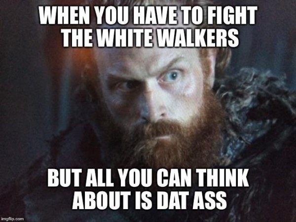 Game of Thrones meme about fighting white walkers but all you can think about is Lady Brienne