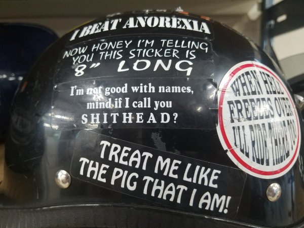 label - Beat' Anorexia Now Hone Honey I'M Telling ou This Sticker Is 9 Long I'm not good with names, mind if I call you Shithead? Treat Me The Pig That I Am!