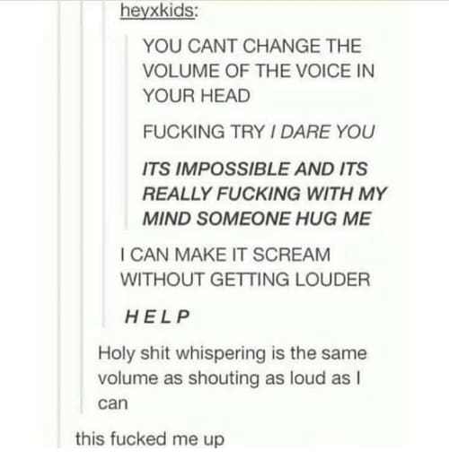 document - heyxkids You Cant Change The Volume Of The Voice In Your Head Fucking Try I Dare You Its Impossible And Its Really Fucking With My Mind Someone Hug Me I Can Make It Scream Without Getting Louder Help Holy shit whispering is the same volume as s