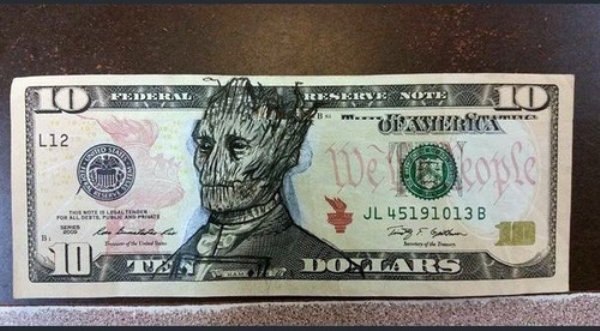Ten dollar bill made into Groot