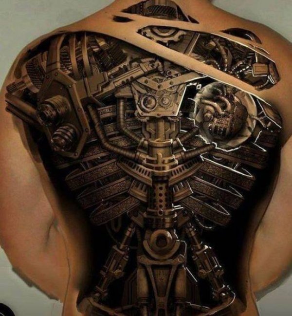 Cool tattoo that makes it look like he a cyborg inside.
