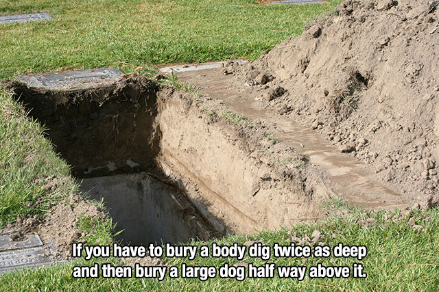 Unethical lifehack that says If you have to bury a body dig twice as deep and then bury a large dog half way above it.