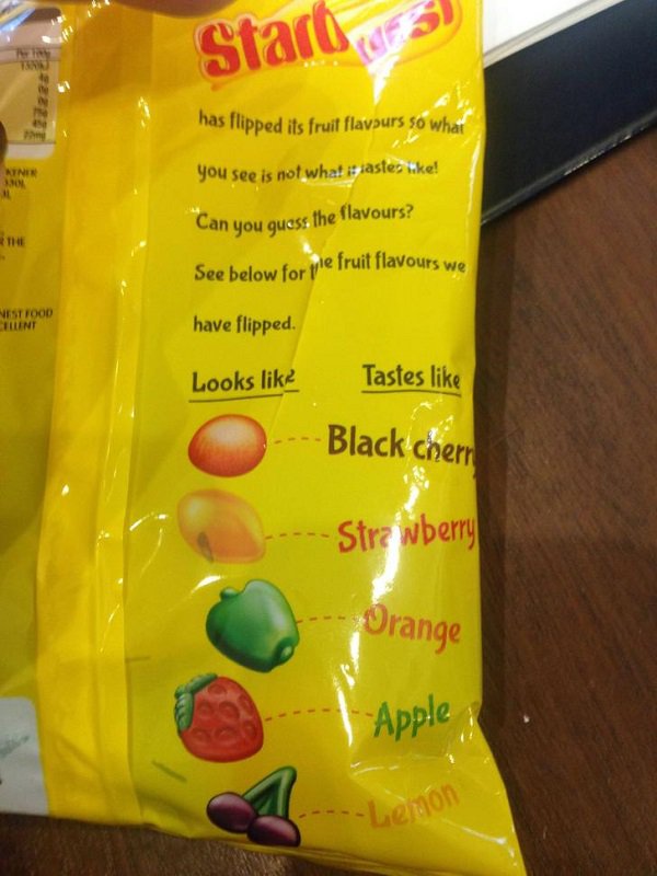 starburst candy - Staro has flipped its fruit flavsurs so what you see is not what e rastes ! Ktnin Can you guess the flavours? See below for the fruit flavours w Vestfood Cellent have flipped. Looks Tastes Black chern Strawberry Orange Apple Leon