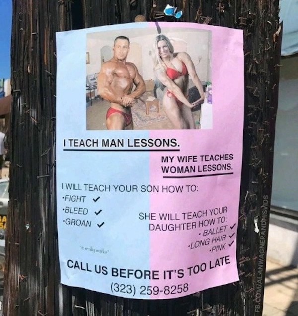 Man and Woman lessons sign on a pole