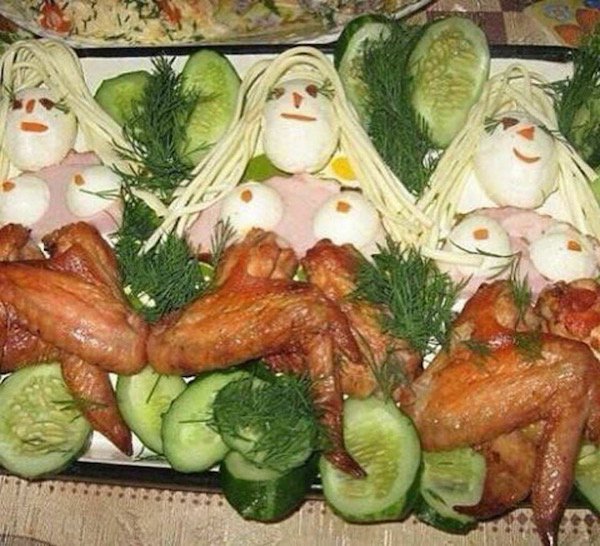 Chicken legs made to look like women on the beach.