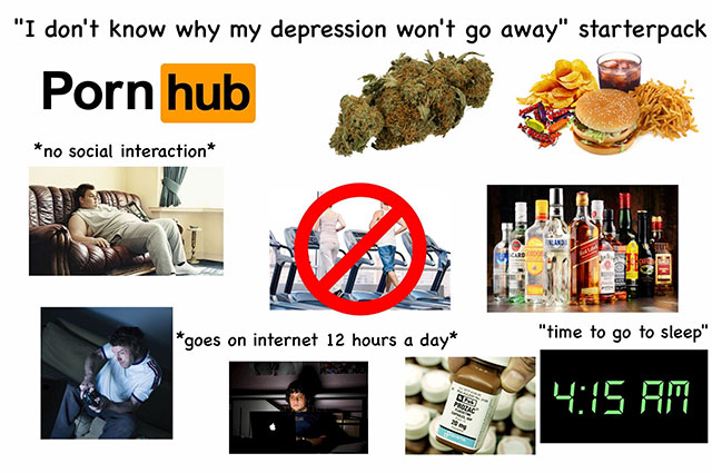 Hilarious starter pack meme about depression that won't go away.