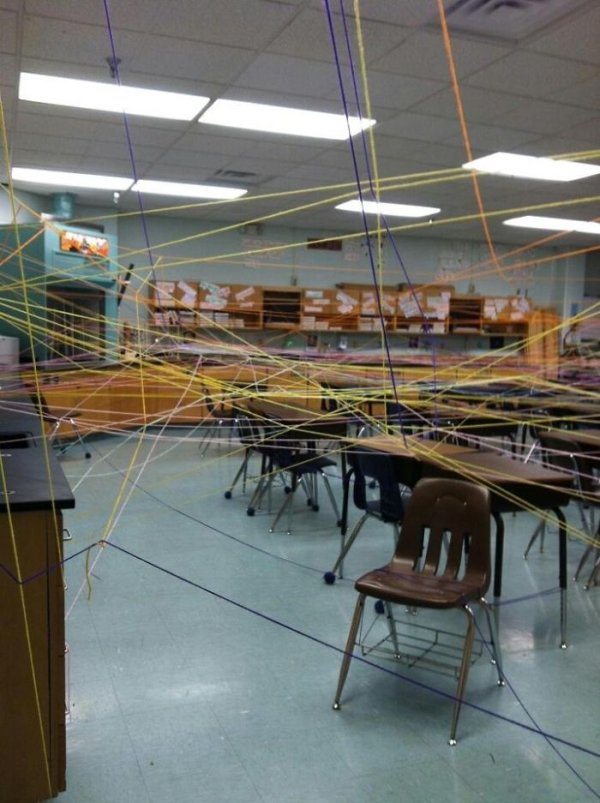 Classroom webbed with yarn