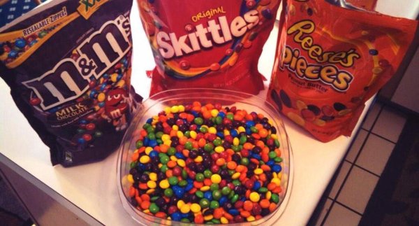 M&M's mixed with Skittles and Reece's pieces