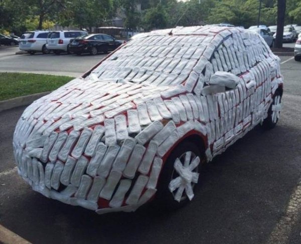 car covered in maxi pads
