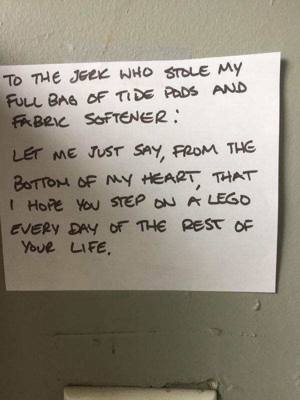 Person who had their bag stolen from a laundromat wishes upon the thief a lifetime of stepping on Legos.