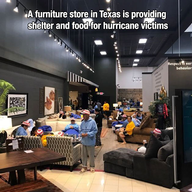 Amazing picture of a furniture store in Houston that opened their doors to shelter people from the storm.
