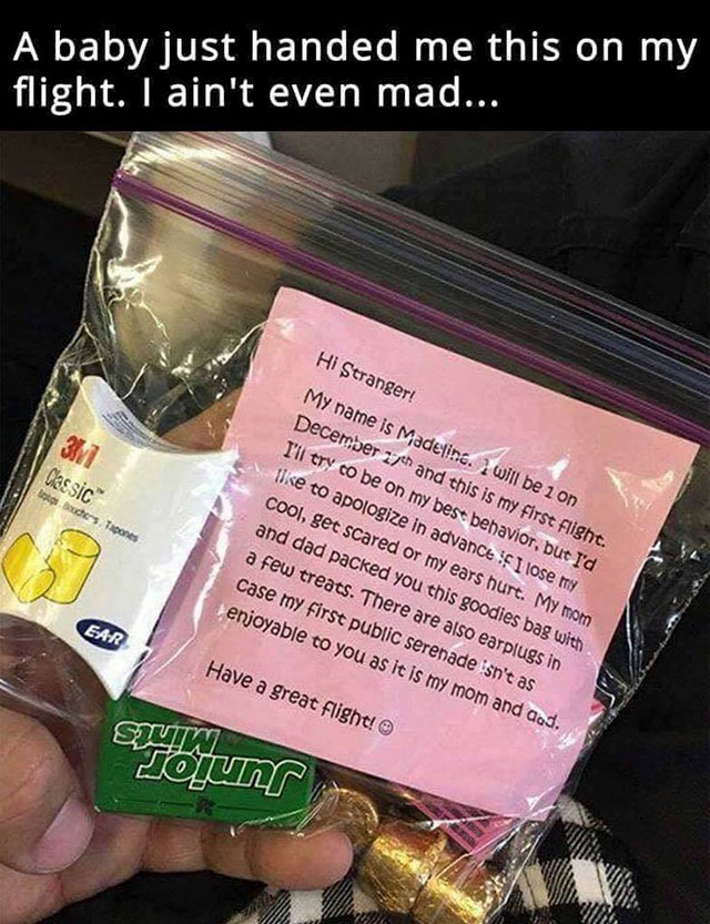 Cute baggie from a kid on a flight with ear plugs and candies to those sitting near them.