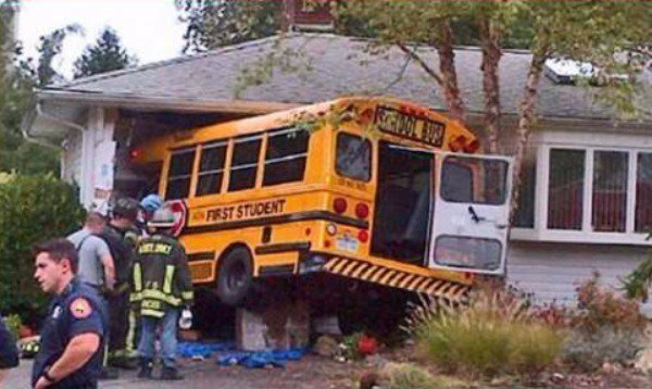 Schoolbus that rode right into a house.