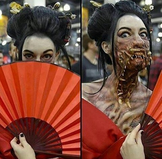 Cosplay of woman with massive torn up neck makeup