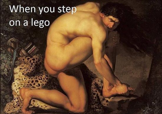 Classical painting of what it feels like to step on a Lego