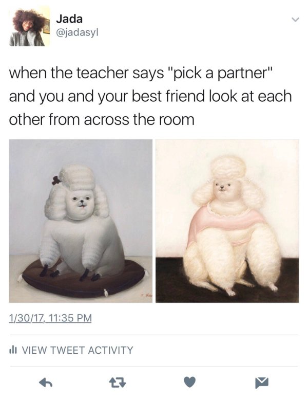 wholesome meme wholesome partner meme - Jada ! when the teacher says "pick a partner" and you and your best friend look at each other from across the room 13017, IlI View Tweet Activity