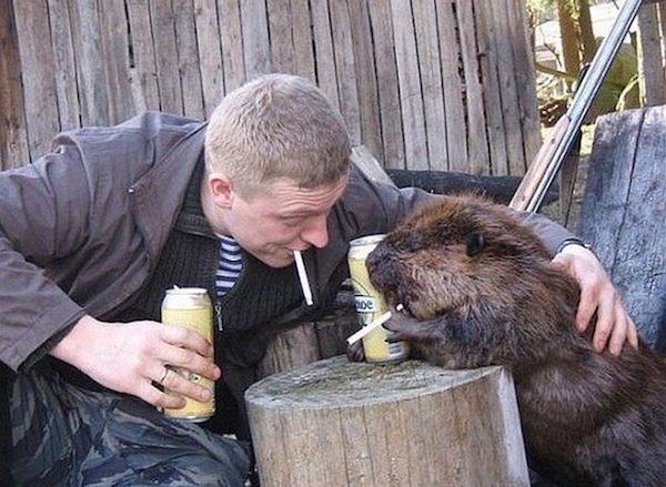 Russian man shares a smoke and a beer with a furry creature with tree stump for a table.