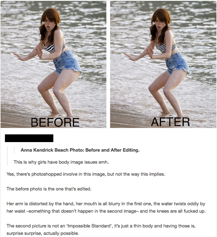 anna kendrick beach - Before After Anna Kendrick Beach Photo Before and After Editing. This is why girls have body image issues smh. Yos, there's photoshopped involve in this image, but not the way this implies. The before photo is the one that's edited. 
