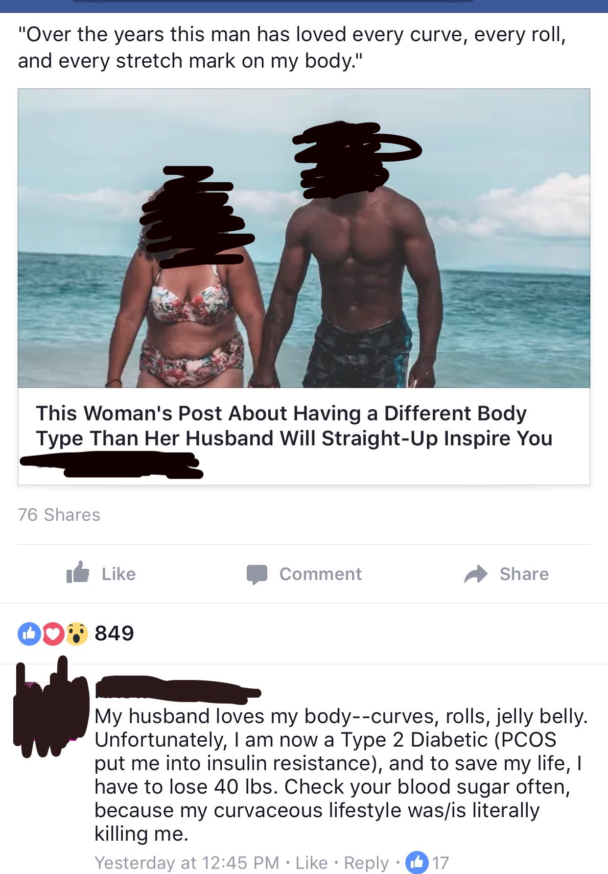 vacation - "Over the years this man has loved every curve, every roll, and every stretch mark on my body." This Woman's Post About Having a Different Body Type Than Her Husband Will StraightUp Inspire You 76 It Comment 00 849 My husband loves my bodycurve