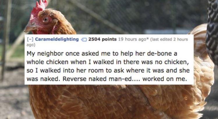 photo caption - Carameldelighting 2504 points 19 hours ago last edited 2 hours ago My neighbor once asked me to help her debone a whole chicken when I walked in there was no chicken, so I walked into her room to ask where it was and she was naked. Reverse