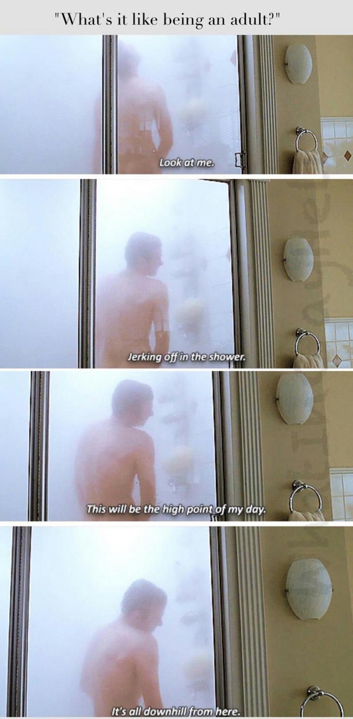 american beauty meme - "What's it being an adult?" Look at me Jerking off in the shower. This will be the high point of my day. It's all downhill from here.