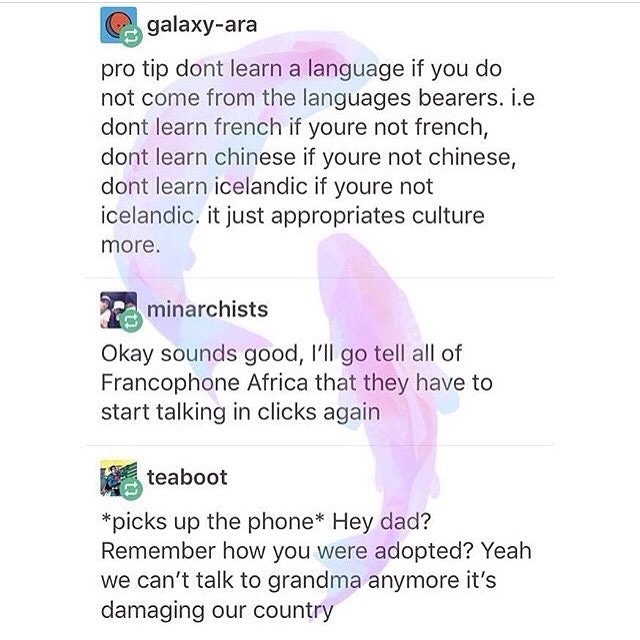 learning a language is cultural appropriation - galaxyara pro tip dont learn a language if you do not come from the languages bearers. i.e dont learn french if youre not french, dont learn chinese if youre not chinese, dont learn icelandic if youre not ic