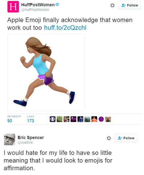 girl running emoji - H HuffPostWomen HuffPostWomen Apple Emoji finally acknowledge that women work out too huff.to2cQzchl 90 173 Eric Spencer 4. I would hate for my life to have so little meaning that I would look to emojis for affirmation.