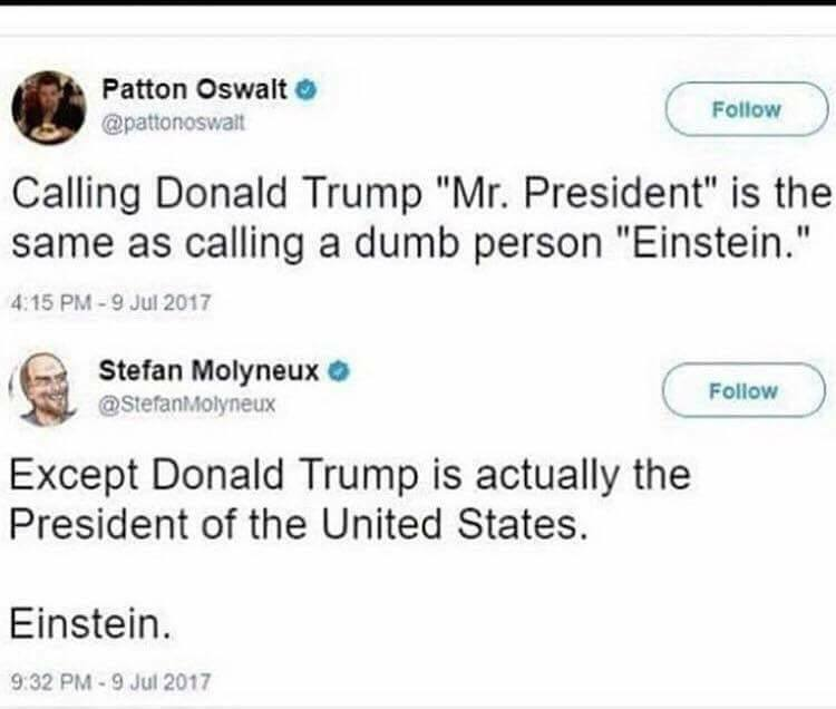 web page - Patton Oswalt Calling Donald Trump "Mr. President" is the same as calling a dumb person "Einstein." Stefan Molyneux Except Donald Trump is actually the President of the United States. Einstein.