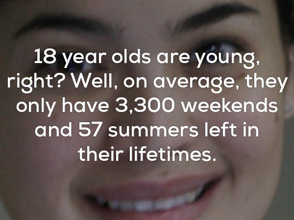 Creepy fact that 18 year olds on average will have 3,300 weekend, and only 57 summers left in their lifetimes.