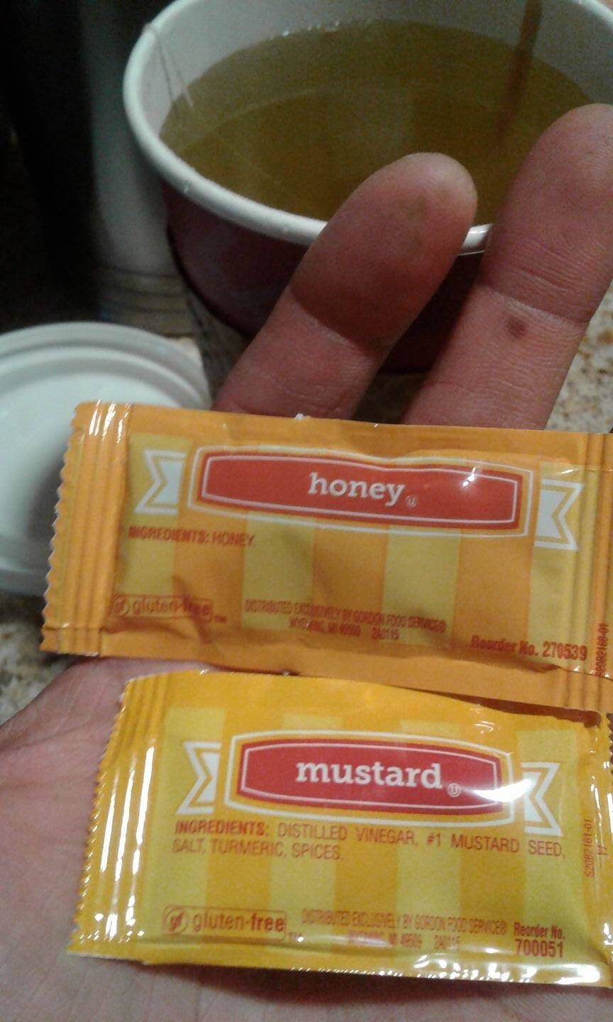Honey and Mustard in separate packages that look very similar.