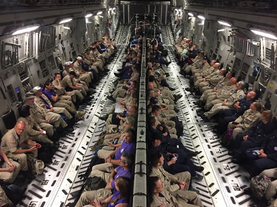c-17 airplane loaded with doctors and nurses on the way to rescue folks from Hurricane Irma