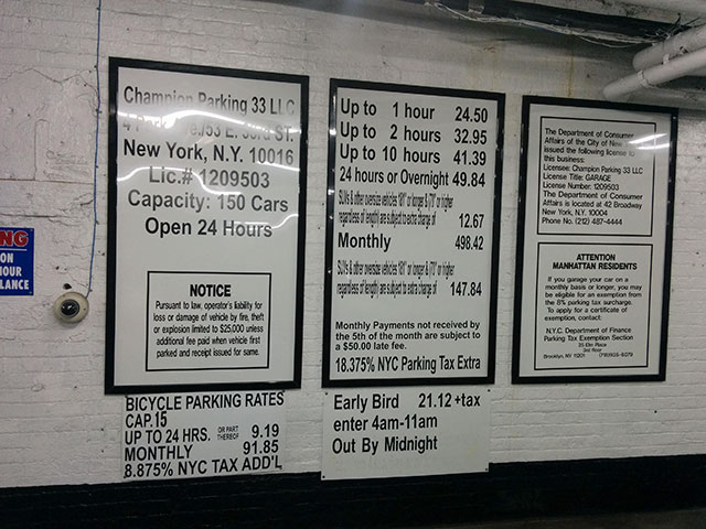 Photos of the rates for parking in Manhattan